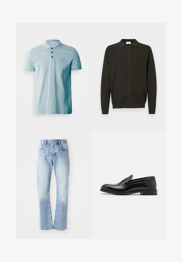 Tmavě zelený pletený kardigan s dlouhým rukávem, límcem a šesti předními knoflíky, s jemným texturovaným vzorem a žebrovanými manžetami a lemem.; Světle modrá polo tričko s měkkou bavlněnou texturou, tři černé knoflíky a vyšívané logo na hrudi. Krátké rukávy a klasický límec.; Světle modré riflové džíny se střihem rovné nohavice. Mají pět kapes, knoflíkový zip a vybledlý vzhled směrem k dolní části.; Černé kožené polobotky s hladkou texturou, zaoblenou špičkou a zdobným páskem přes nárt. Nízký stohovaný podpatek, minimalistický design.