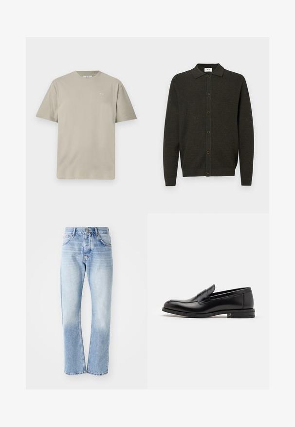 Donkergroene lange mouwen gebreide cardigan met kraag en zes voorknopjes, met een subtiel textuurpatroon en geribde manchetten en zoom.; Licht taupe katoenen T-shirt met korte mouwen, ronde halslijn en een klein gedrukt logo op de linkerkant van de borst. Zachte, gladde textuur.; Lichtblauwe denim jeans met een rechte pijp. Voorzien van een vijf-pocket ontwerp, knoopsluiting en een vervaagde textuur naar de onderkant.; Zwarte leren instappers met een gladde textuur, ronde neus en een decoratieve band over de wreef. Lage, gestapelde hak en minimalistisch ontwerp.