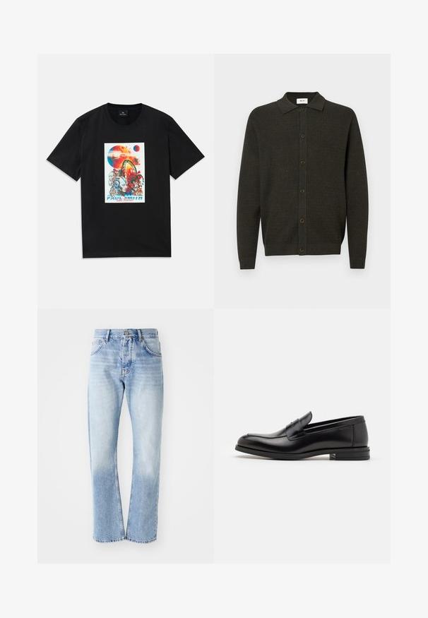 Tamsiai žalia ilgo rankovėmis megzta kardiganas su apykakle ir šešiais priekiniais mygtukais, pasižymintis subtilia tekstūrine raštais ir raštuotais rankogaliais bei apatine dalimi.; Juoda marškinėliai su spalvinga grafika, vaizduojančia planetas, robotų galvas, karuselę ir „Paul Smith Soul Kitchen“ tekstą centre.; Šviesiai mėlynos džinsinės kelnės su tiesia sijonu. Savybės: penkių kišenių dizainas, mygtukų užtrauktukas ir blukus tekstūra apačioje.; Juodos odinės loafers, turinčios lygų paviršių, apvalią noselę ir dekoratyvinę juostą per priekinę dalį. Žemas krentantis kulnas, minimalistinis dizainas.