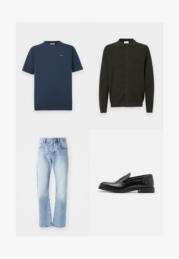 Mørkegrøn langærmet strik cardigan med krave og seks forreste knapper, der har et subtilt tekstureret mønster samt ribbede manchetter og søm.; Marineblå kortærmet t-shirt med rund hals og lille hvid "NN. 07" logo på venstre bryst mod en hvid baggrund.; Lyseblå denim jeans med lige ben. Har en fem-lomme design, knaplukning og en falmet tekstur mod bunden.; Sorte læderloafers med en glat overflade, rund tå og en dekorativ strop over vampen. Lav hæl med stabeldesign, minimalistisk stil.