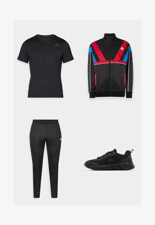 Casaco com fecho éclair da Kappa em preto, apresentando desenhos geométricos em vermelho e azul, detalhes em branco e logótipo. Tecido suave com mangas longas e bolsos.; T-shirt preta de manga curta feita de tecido leve, com decote redondo e um pequeno logótipo Kappa branco no lado superior esquerdo.; Calças atléticas pretas feitas de um tecido liso e elástico, com uma cintura elástica e um logótipo branco na coxa esquerda.; Tênis de desporto pretos com parte superior em malha, biqueira reforçada, entressola texturizada e loop na parte de trás para calçar facilmente. Logotipo exibido ao lado.
