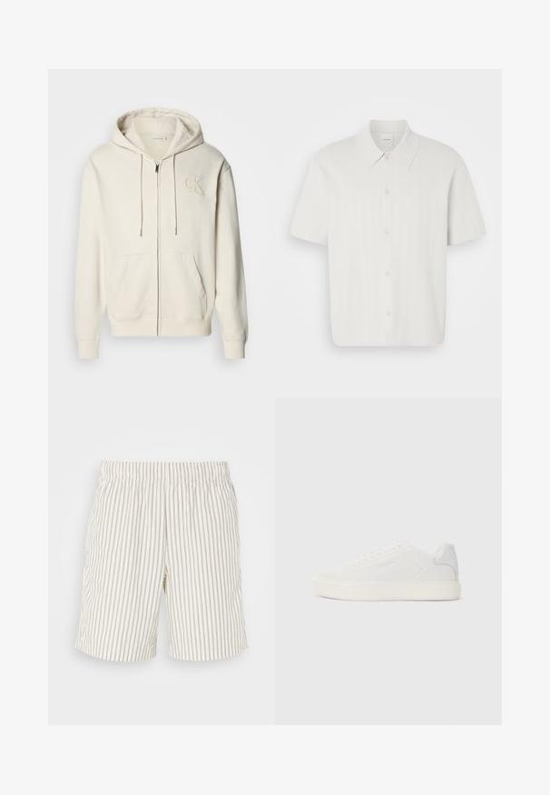 Kreemikas tõmblukuga kapuutsiga pusa, millel on nööriga kapuuts, ees taskud ja rinnal tikitud logo. Pehme kangas ja vaba lõige.; Lühikeste varrukatega valgest kangast särk, millel on ribakujuline tekstuur, klassikaline krae ning nööbid ees.; Ribaga tekstiiliga lühikesed püksid, mis on kerged ja hingavad. Värv on kreemikasvalge koos õhukeste vertikaalsete hallide triipudega. Elastne vööosa.; Valge tennisekeng, millel on sile sünteetiline ülemine osa, ümar varvas ja lame valge tall. Omab toonilisi õmblusi ja minimaalset brändingut külje peal.