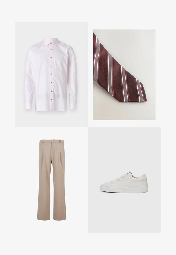 Olivově zelený cardigan vyrobený z texturované látky, s véčkovým výstřihem, dlouhými rukávy a šesti knoflíkovým zapínáním vpředu.; Světle růžová košile s dlouhým rukávem vyrobená z hladkého materiálu. Má špičatý límec a zapínání na knoflíky s kontrastními knoflíky.; Béžové plisované kalhoty vyrobené z hladkého materiálu s rovnými nohavicemi, s knoflíkovým zapínáním a jemnými švy.; Bílé kožené nízké tenisky s kulatou špičkou, plochou bílou gumovou podrážkou a minimalistickým detailem prošívání. Tkaničky upevněné skrze šest očíček.; Next STRIPE - Kravata - red