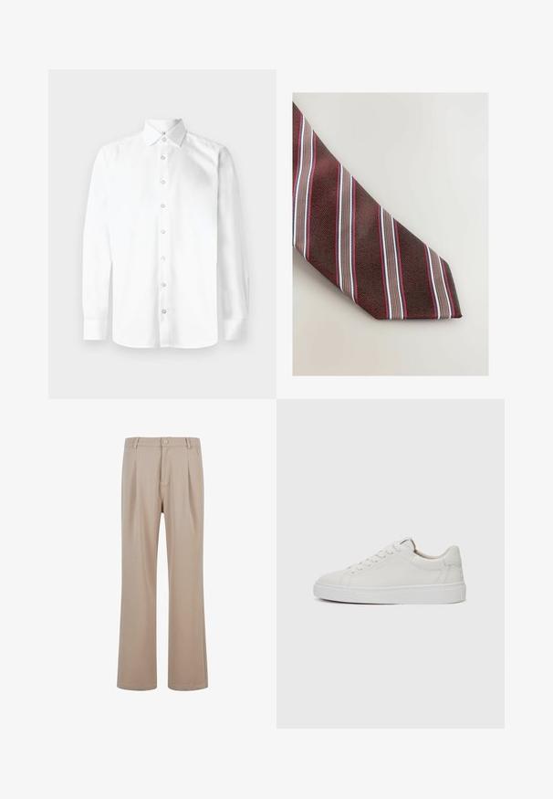 Olivgrüner Cardigan aus strukturiertem Material mit V-Ausschnitt, langen Ärmeln und sechs Knopfverschlüssen auf der Vorderseite.; Weißes Langarmhemd mit spitzem Kragen, durchgehender Knopfleiste und Ein-Knopf-Manschetten. Glattes, einfarbiges Gewebe ohne Muster oder Verzierungen.; Beige Plisseehosen aus glattem Stoff mit geradem Bein-Design, ausgestattet mit einem Knopfverschluss und dezenten Nähdetails.; Weiße Leder-Sneaker im Low-Top-Stil mit runder Zehenform, flacher weißer Gummisohle und minimalistischen Steppnähten. Schnürsenkel sind durch sechs Ösen gesichert.; Next STRIPE - Krawatte - red
