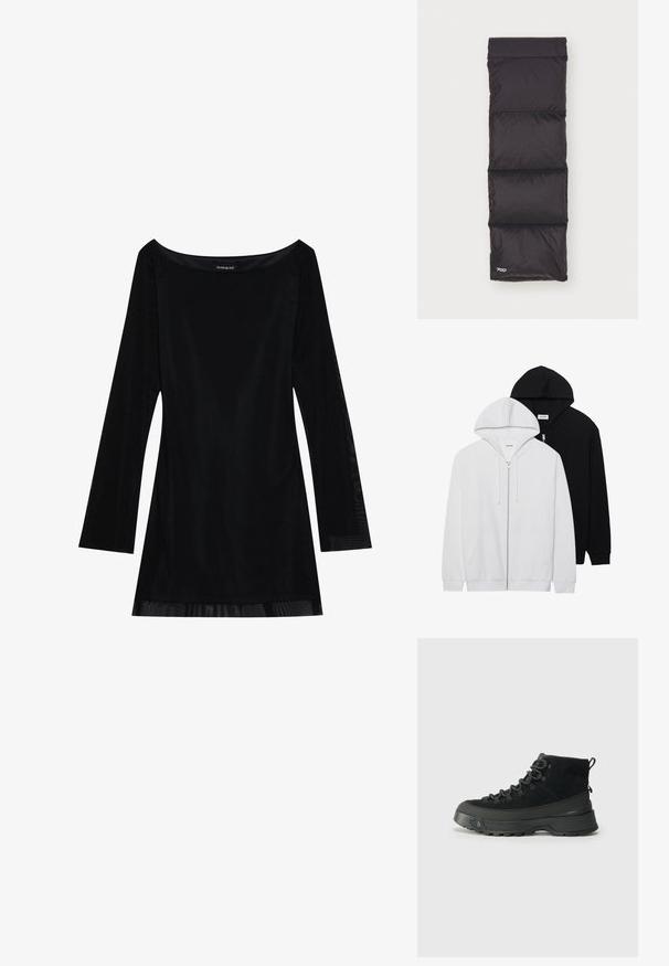 Két cipzáras kapucnis pulóver fekete és fehér színben, húzózsinóros kapucnival, kenguruzsebekkel, bordás mandzsettákkal és puha textúrával.; Fekete, hosszú ujjú ruha, váll nélküli dekoltázzsal, sima textúrával és lágy sziluettel. Átlátszó részletek találhatók a szegélyen.; Fekete túrabakancs, velúr felsőrésszel, masszív gumitalppal és megerősített fűzőlyukakkal. Hátulján húzófül található a könnyű felhúzás érdekében.; Fekete párnázott hálózsák, puha, fényes textúrával. Három vízszintes szekcióval rendelkezik, és a alsó szélén egy kis "700" logó található.