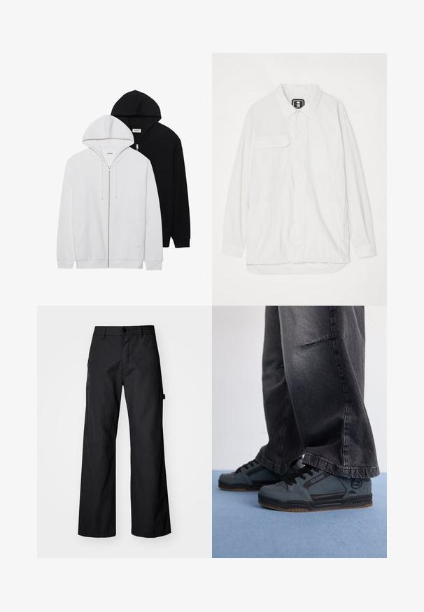 Due felpe con zip, una nera e l'altra bianca, con cappucci regolabili, tasche a marsupio, polsini a coste e una texture in tessuto morbido.; Camicia bianca con bottoni realizzata in tessuto testurizzato, caratterizzata da un colletto, due tasche frontali e un orlo curvo con un retro leggermente più lungo.; Pantaloni neri a gamba larga realizzati in un tessuto durevole. Presentano una chiusura con bottone e tasche laterali. Texture liscia con un design pulito.; Globe TILT - Scarpe skate - storm grey/black