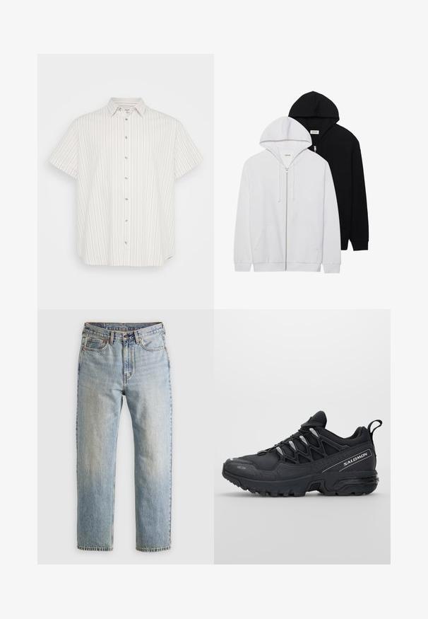 Două hanorace cu fermoar, în negru și alb, având glugi cu șnur, buzunare tip cangur, manșete ribbate și o textură a materialului moale.; Cămașă cu mânecă scurtă, de culoare bej deschis, cu dungi verticale în diverse nuanțe. Are un guler clasic și o textură de material ușor.; Jeans din denim de culoare albastru deschis, cu talie înaltă, nasture frontal, fermoar și design cu cinci buzunare, așezate platesc pe un fundal neutru.; Pantofi sport negri cu o parte superioară din plasă, talpă din cauciuc și accente reflexive. Prezintă o talpă căptușită și un design cu șireturi.
