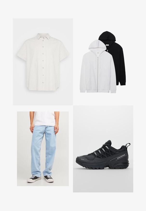 Dva zip-up kapuce v črni in beli barvi, ki imata kapuco z vrvico, kenguru žep, rebrast konice in mehko teksturo blaga.; Kratkoročnu majicu s gumbima svijetlo bež boje s vertikalnim prugama različitih nijansi. Ima klasičan ovratnik i laganu teksturu tkanine.; Svijetloplave traperice s opuštenim krojem, koje imaju ravne nogavice i standardnu šav, u kombinaciji s crnim tenisicama.; Črne športne čevlje z mrežasto zgornjšo plastjo, gumijastim podplatom in odbojnimi detajli. Imajo oblazinjen podplat in zasnovo z vezalnim zapiranjem.