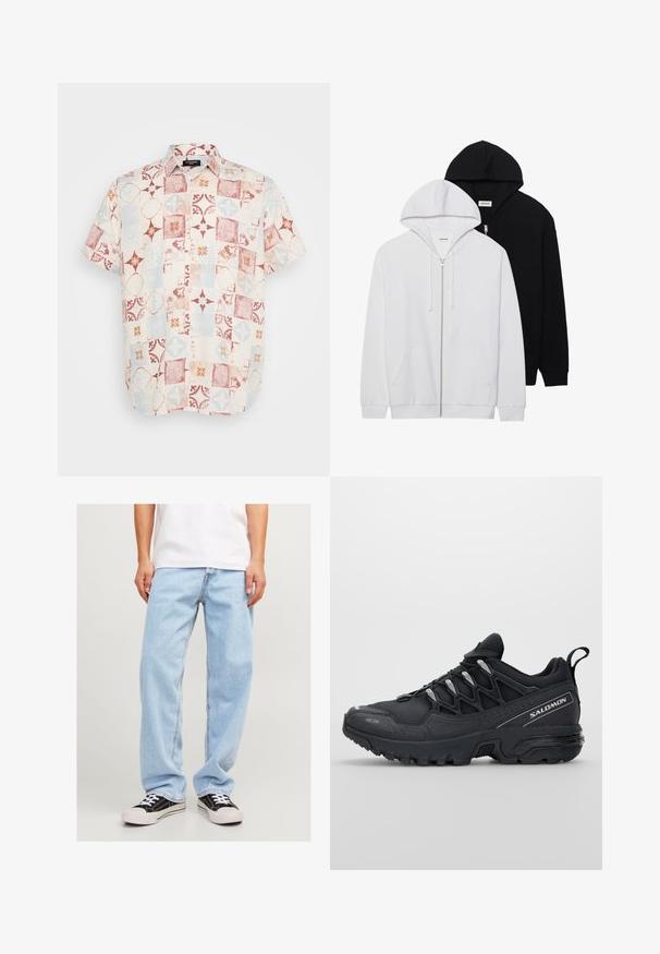 Dva zip-up kapuce v črni in beli barvi, ki imata kapuco z vrvico, kenguru žep, rebrast konice in mehko teksturo blaga.; Kratkoročna srajca na gumb iz lahkega materiala z aplikacijo iz rdečih, modrih in kremnih geometrijskih vzorcev.; Svijetloplave traperice s opuštenim krojem, koje imaju ravne nogavice i standardnu šav, u kombinaciji s crnim tenisicama.; Črne športne čevlje z mrežasto zgornjšo plastjo, gumijastim podplatom in odbojnimi detajli. Imajo oblazinjen podplat in zasnovo z vezalnim zapiranjem.