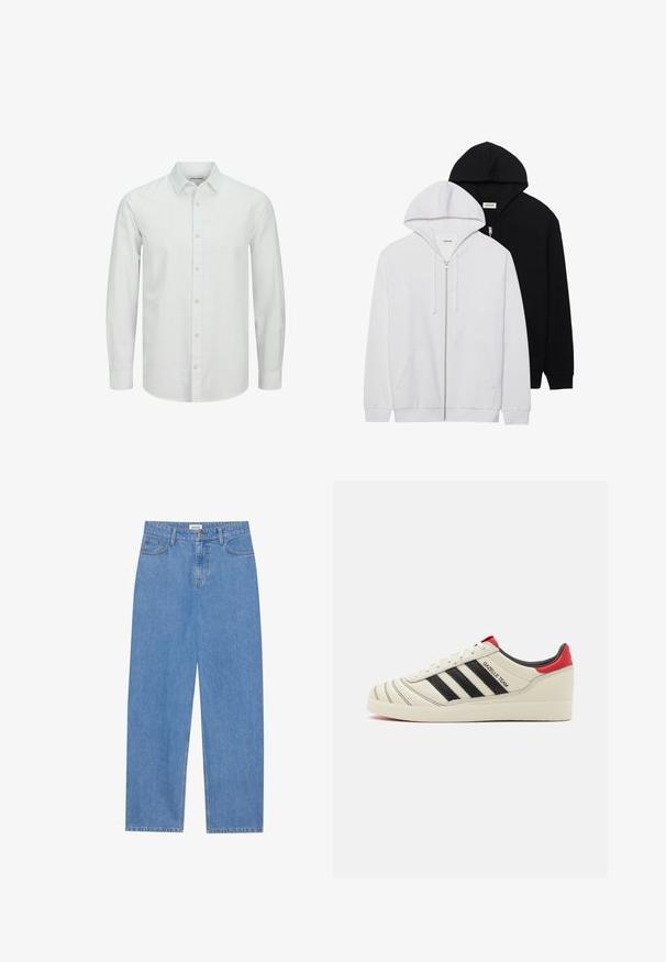 Twee zip-hoodies in zwart en wit, met trekkoorden aan de capuchons, kangoeroe zakken, geribbelde mouwen en een zachte stoftextuur.; Witte blouse met lange mouwen, gemaakt van lichtgewicht stof, met een klassieke kraag en subtiele textuur. Knopen in bijpassende kleur.; Lichtblauwe denim jeans met een rechte pasvorm, vijf-pocket ontwerp, enkele knoopsluiting en subtiele stikseldetails op de naden.; Crème leren sneakers met zwarte strepen, rode hielaccenten en textuurdetails. Beschikt over een rubberen zool en een vetersluiting.