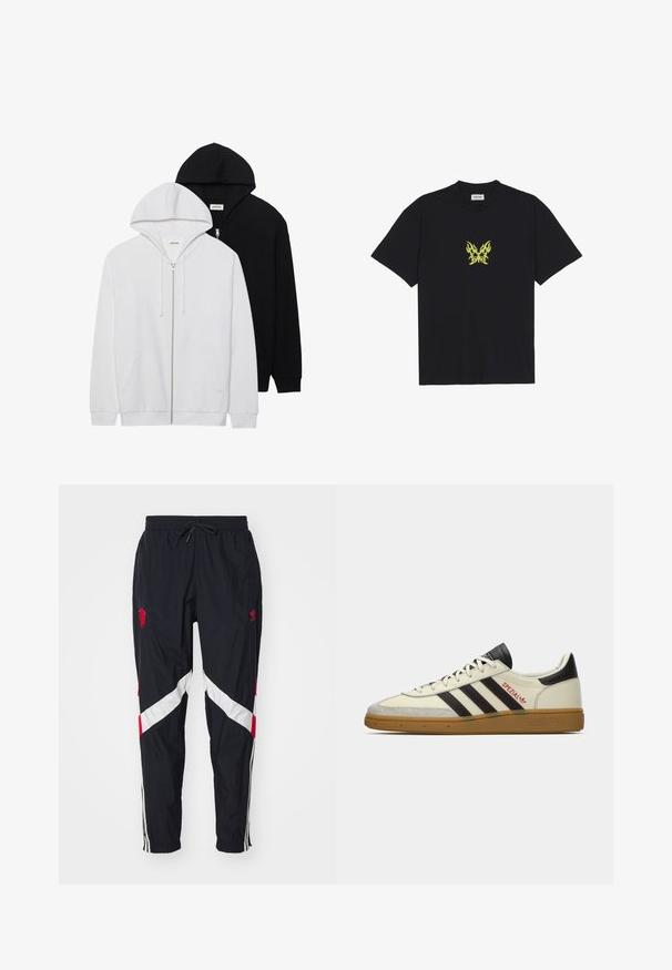 Dvé zipové mikiny v černé a bílé barvě, s kapucí na tkaničku, klokánkovými kapsami, žebrovanými manžetami a měkkou texturou látky.; Černé bavlněné tričko s malým grafikou motýla se vzorem žlutých plamenů na hrudi. Kulatý výstřih, krátké rukávy.; Černé sportovní kalhoty s červenými a bílými diagonálními akcenty. Obsahují elastický pás, šňůrku na stažení a boční pruhy. Vyrobeny z lehkého materiálu.; Krémové a černé tenisky Adidas Spezial s gumovou podrážkou, černými proužky, červeným prošíváním a nápisem "Spezial" na boku.