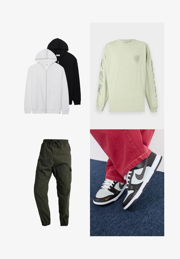 To zip-hoodies i sort og hvid, med snoretræk i hætten, kenguru-lommer, ribbet manchetter og blødt stof.; Langærmet lysegrøn bomulds T-shirt med et lille logo på brystet og abstrakte mønstre langs ærmerne i mørkegrøn.; Carhartt WIP JOGGER COLUMBIA - Cargobukser - cypress rinsed; Nike Sportswear NIKE DUNK LOW UNISEX - Sneakers - black/med ash/light silver/bright mandarin/summit white/white