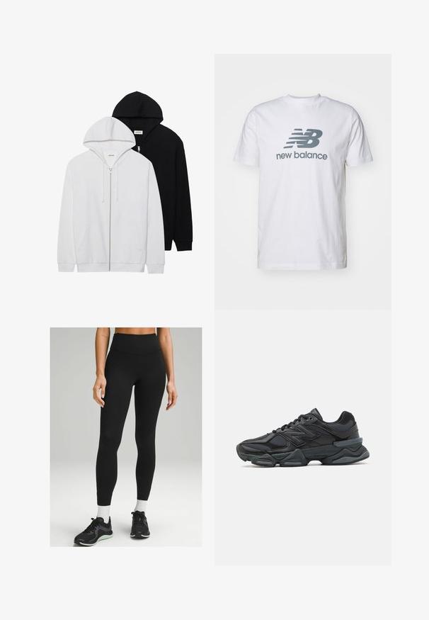 Dvetko mikiny na zips v čiernej a bielej farbe, so sťahovacími kapucňami, klokanymi vreckami, ribovanými manžetami a jemnou textúrou látky.; Biela bavlnená tričko s šedým logom "NB" a textom "new balance", krátke rukávy, klasický dizajn okrúhleho výstrihu, hladká textúra.; Čierne legíny s vysokým pásom z elastického materiálu, s elegantným dizajnom, hladkou textúrou a decentnými bočnými detailmi. V kombinácii s čiernymi športovými topánkami.; Čierna bežecká obuv so zmesou sieťoviny a syntetických materiálov, robustnou podrážkou, zakriveným dizajnom a výrazným logom na boku.