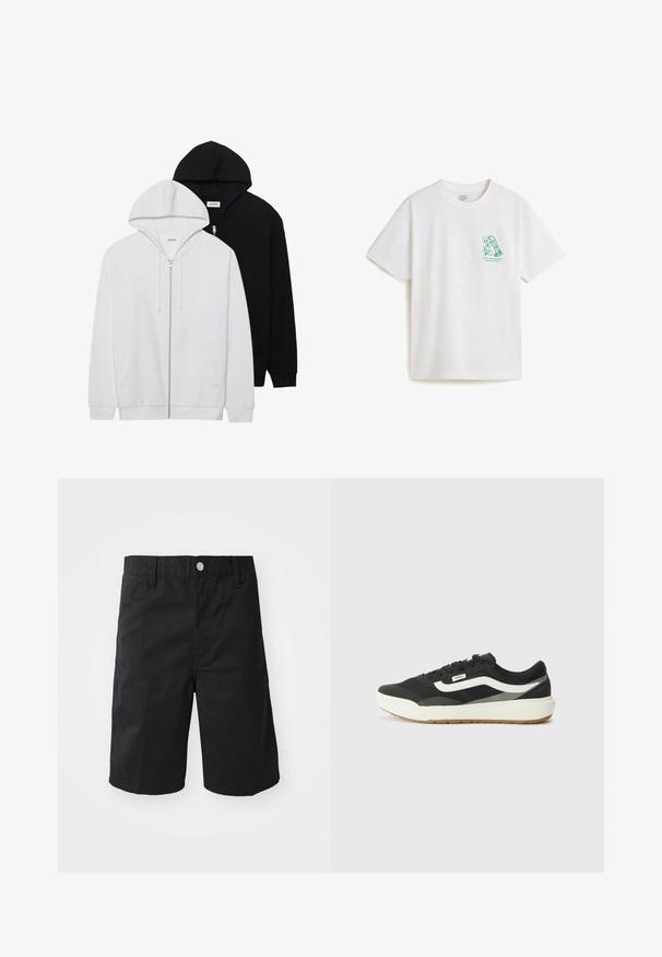 Dvé zipové mikiny v černé a bílé barvě, s kapucí na tkaničku, klokánkovými kapsami, žebrovanými manžetami a měkkou texturou látky.; Bílý bavlněný tričko s grafickým potiskem v zelené barvě. Krátké rukávy, kulatý výstřih, s designem "HELP" a výrazným textem pod ním.; Černé bavlněné kraťasy s rovný střihem, poutky na opasek, kovovým zapínáním na knoflík a bez viditelných vzorů či akcentů.; Černé sneakers s bílými detaily, se hladkým syntetickým povrchem, kulatým tvarem a gumovou podrážkou, spárované se světlými béžovými kalhotami.