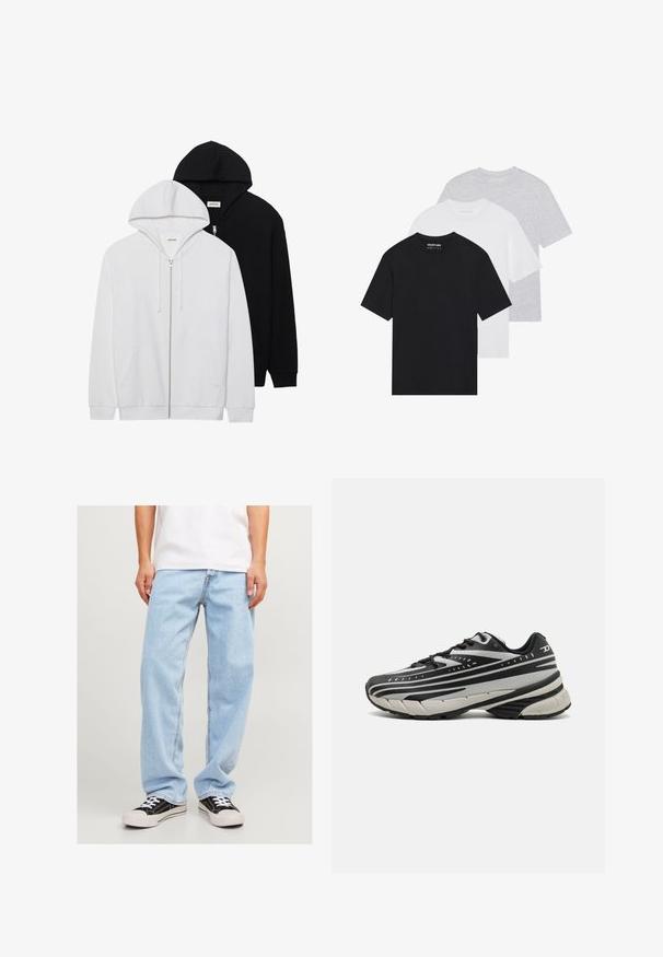 Zwei Reißverschluss-Hoodies in Schwarz und Weiß, mit Kordelzügen in den Kapuzen, Kängurutaschen, gerippten Bündchen und weichem Stoffgefühl.; Set von drei basic T-Shirts in Schwarz, Weiß und Hellgrau. Kurze Ärmel, Rundhalsausschnitt, aus glattem Baumwollstoff. Markenlogo sichtbar.; Hellblaue Jeans aus Denim mit lockerer Passform, gerade Beinform und Standardnähte, kombiniert mit schwarzen Sneakers.; Diesel D-AIRSPEED - Sneaker low - grey/black