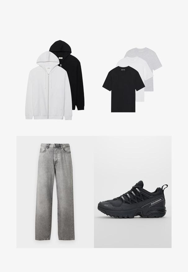 Dvetko mikiny na zips v čiernej a bielej farbe, so sťahovacími kapucňami, klokanymi vreckami, ribovanými manžetami a jemnou textúrou látky.; Súprava troch základných tričiek v čiernej, bielej a svetlo šedej farbe. Krátke rukávy, okrúhly výstrih, vyrobené z hladkej bavlny. Viditeľné logo značky.; Šedé nohavice voľného strihu vyrobené z denimu. Majú vysoký pás, päť vreciek a zapínanie na gombík a zips. Na látke sú jemné vyblednutia.; Čierne športové topánky s vrchnou časťou z sieťoviny, gumovou podrážkou a reflexnými detailami. Majú polstrovanú podrážku a dizajn so šnurovaním.