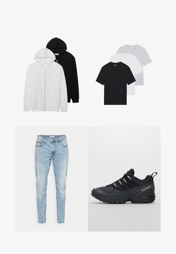 Kaks tõmblukuga kapuutsiga jakki mustas ja valges, millel on reguleeritavad kapuutsid, kaasaskantavad taskud, soonikkoes mansetid ja pehme tekstuur.; Kolm t-särki komplekt mustas, valges ja helesinises värvitoonis. Lühikesed varrukad, ümar kaelus, valmistatud siledast puuvillakangast. Brändi logo on nähtav.; Kergelt sinised teksapüksid sirge lõikega, viie taskuga ja kergelt kulunud viimistlusega. Omab klassikalist tõmbluku sulgemist ja vöösid.; Mustad must sportlikud jalanõud võrgupealsega, kummist tallaga ja peegeldavate aktsentidega. Omavad pehmet tallatootet ja lipsuklõpsu kujundust.