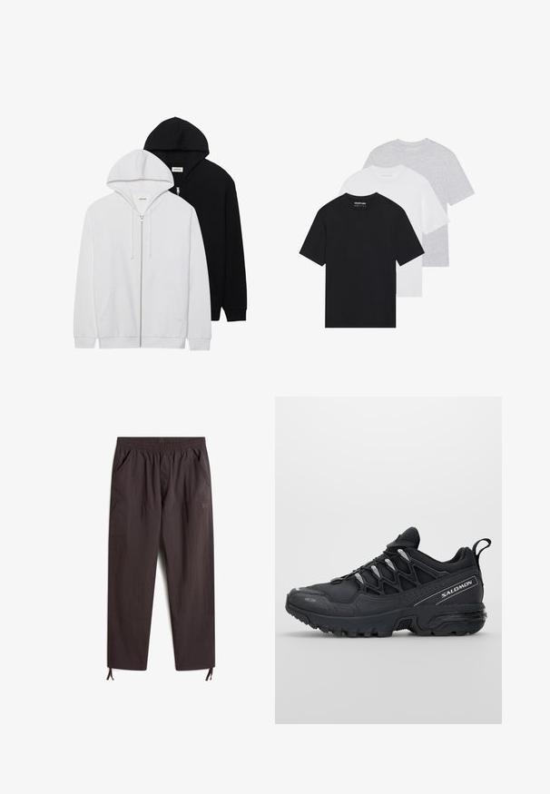 Deux sweat-shirts zippés en noir et blanc, dotés de capuches à cordons de serrage, de poches kangourou, de poignets côtelés et d'une texture de tissu douce.; Ensemble de trois t-shirts basiques en noir, blanc et gris clair. Manches courtes, col rond, fabriqués en coton lisse. Logo de la marque visible.; Pantalons brun foncé, légers, avec une taille élastique, deux poches latérales, des jambes fuselées et des cordons de serrage ajustables aux poignets.; Chaussures de sport noires avec une tige en maille, semelle en caoutchouc et accents réfléchissants. Dotées d'une semelle rembourrée et d'un design à lacets.