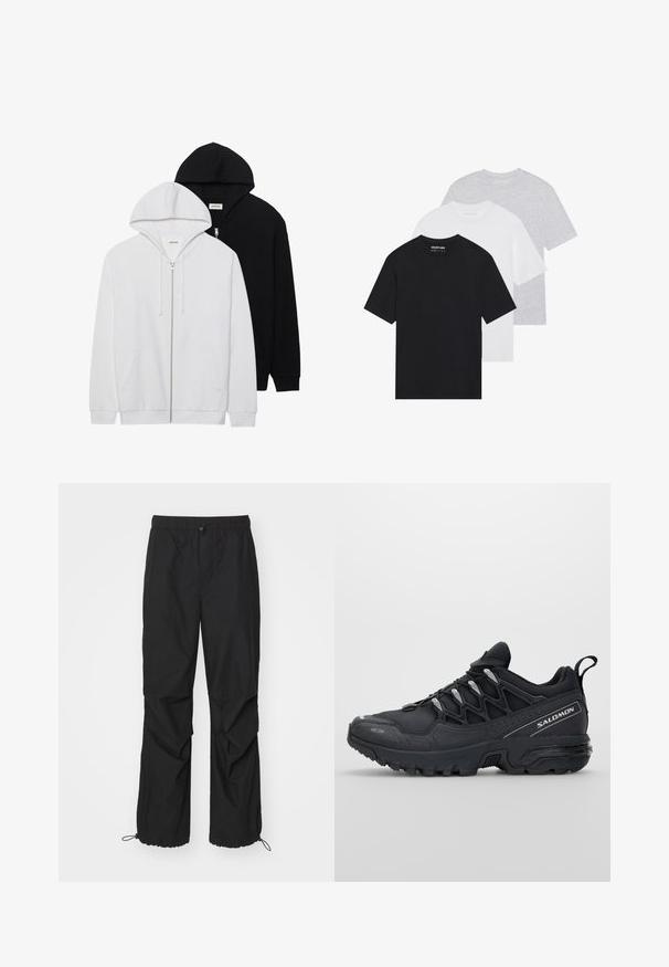 Dva zip-up kapuce v črni in beli barvi, ki imata kapuco z vrvico, kenguru žep, rebrast konice in mehko teksturo blaga.; Komplet treh osnovnih majic v črni, beli in svetlo sivi barvi. Kratki rokavi, okrogla izrezana vrata, narejene iz gladkega bombažnega materiala. Vidna blagovna znamka.; Črne, lahke tekaške hlače z elastičnim pasom, zadrgami in nastavljivimi manšetami; značilne so s prostornim krojem in gladko teksturo.; Črne športne čevlje z mrežasto zgornjšo plastjo, gumijastim podplatom in odbojnimi detajli. Imajo oblazinjen podplat in zasnovo z vezalnim zapiranjem.