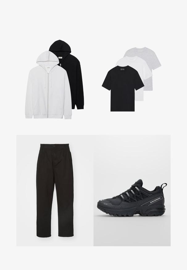 Két cipzáras kapucnis pulóver fekete és fehér színben, húzózsinóros kapucnival, kenguruzsebekkel, bordás mandzsettákkal és puha textúrával.; Három darabból álló alap pólószett fekete, fehér és világosszürke színekben. Rövid ujjú, kerek nyakú, sima pamut anyagból készült. A márka logója látható.; Fekete nadrág sima anyagból, gombzárral, egyenes szabással és két elülső redővel a részletek kiemelésére.; Fekete sportcipők hálós felsőrésszel, gumitalppal és fényvisszaverő részletekkel. Párnázott talppal és fűzős dizájnnal rendelkezik.