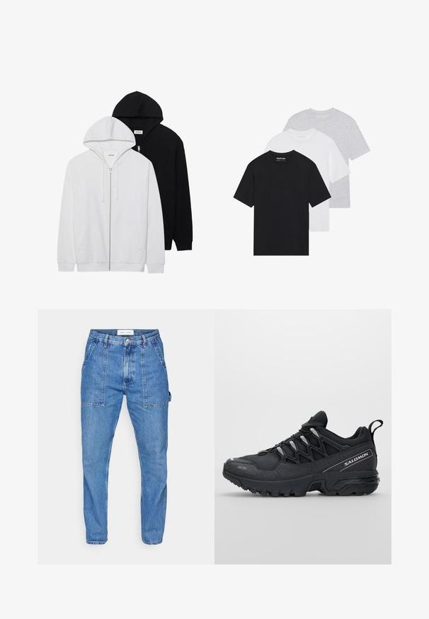 Dva zip-up kapuce v črni in beli barvi, ki imata kapuco z vrvico, kenguru žep, rebrast konice in mehko teksturo blaga.; Komplet treh osnovnih majic v črni, beli in svetlo sivi barvi. Kratki rokavi, okrogla izrezana vrata, narejene iz gladkega bombažnega materiala. Vidna blagovna znamka.; Svetlo modri traper hlače z visokim pasom, ravnimi nogavicami in sprednjimi žepek. Imajo kontrastno šivanje in zaponko na gumbu.; Črne športne čevlje z mrežasto zgornjšo plastjo, gumijastim podplatom in odbojnimi detajli. Imajo oblazinjen podplat in zasnovo z vezalnim zapiranjem.