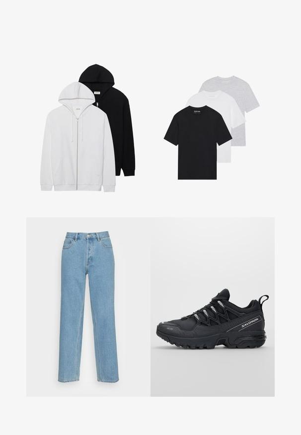 D dvije zip-up dukserice u crnoj i bijeloj boji, s kapuljačama na vezanje, kengurskim džepovima, rebrastim manžetama i mekanim materijalom.; Set od tri osnovne majice u crnoj, bijeloj i svijetlosivoj boji. Kratki rukavi, okrugli izrez, izrađene od glatkog pamučnog materijala. Vidljiv logotip branda.; Svijetloplave traperice ravnog kroja izrađene od denima, sa klasičnim dizajnom od pet džepova, prednjim zatvaranjem na dugme i vidljivim detaljima šavova.; Crne atletske cipele s mrežastim gornjištem, gumiranim potplatom i reflektirajućim detaljima. Imaju podstavljeni potplat i dizajn s vezanjem.