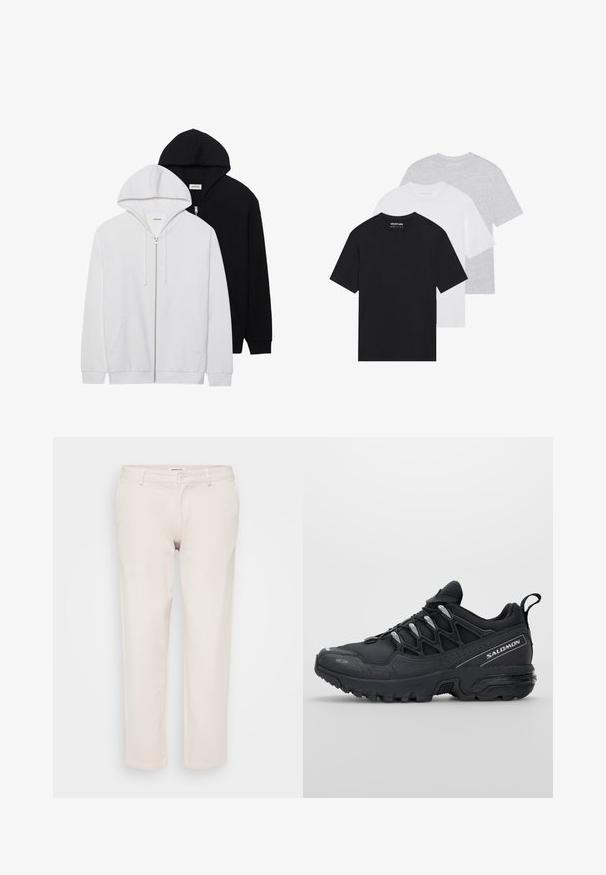 To zip-up hettegensere i svart og hvitt, med snorhetter, kenguru-lommer, ribbede mansjetter og myk tekstur.; Sett med tre grunnleggende t-skjorter i svart, hvitt og lys grå. Korte ermer, rund hals, laget av glatt bomullsstoff. Merkevaren synlig.; Beige bomullsbukser med rett passform, med knappelukking, beltehemper og uten synlige mønstre eller teksturer.; Svarte joggesko med mesh-overdel, gummisåle og reflekterende detaljer. Har en polstret såle og snøring.