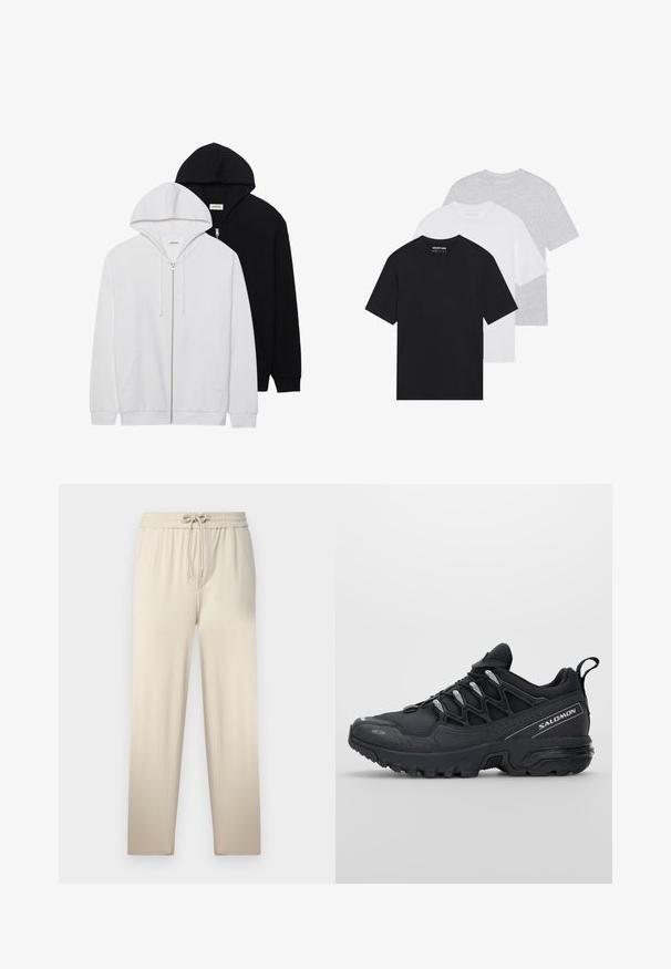 Divi džemperi ar rāvējslēdzēju melnā un baltā krāsā, ar pievelkamu kapuci, kangaru kabatām, ribotām aprocēm un mīkstu auduma tekstūru.; Trīs pamata t-krekli melnā, baltā un gaišpelēkā krāsā. Īsas piedurknes, apaļa kakla izgriezums, izgatavoti no gludas kokvilnas auduma. Redzams zīmola logs.; Bežs sporta bikses ar aukliņu jostasvietā, ar teksturētu audumu un divām sānu kabatām, kas maigi sašaurinās līdz potītei.; Melnas sporta kurpes ar sieta augšdaļu, gumijas zoli un atstarojošiem elementiem. Iezīmējas ar mīkstinātu zoli un pavelkamu aizdari.