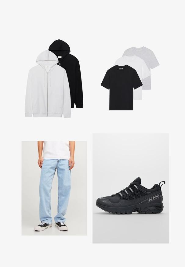 Dwie bluzy z kapturem na zamek w kolorze czarnym i białym, z kapturem na sznurki, kieszeniami kangurzymi, ściągaczami na rękawach oraz miękką teksturą materiału.; Zestaw trzech podstawowych t-shirtów w kolorach czarnym, białym i jasnoszarym. Krótkie rękawy, okrągły dekolt, wykonane z gładkiej bawełnianej tkaniny. Widoczne logo marki.; Jasnoniebieskie dżinsy o luźnym kroju, z prostymi nogawkami i standardowym przeszyciem, w zestawieniu z czarnymi trampkami.; Czarne buty sportowe z siateczkową cholewką, gumową podeszwą i odblaskowymi akcentami. Posiadają amortyzowaną podeszwę oraz sznurowany design.