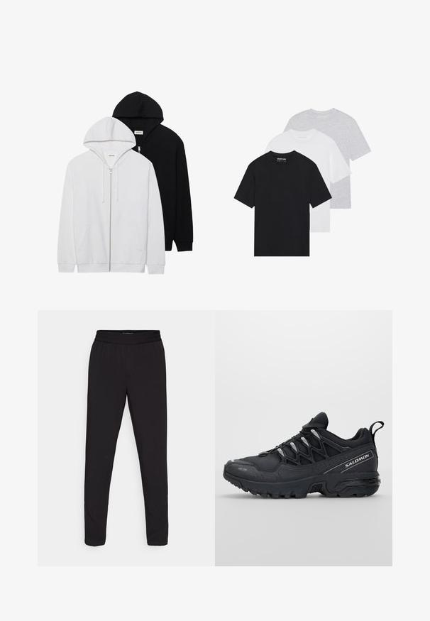 Twee zip-hoodies in zwart en wit, met trekkoorden aan de capuchons, kangoeroe zakken, geribbelde mouwen en een zachte stoftextuur.; Set van drie basic t-shirts in zwart, wit en lichtgrijs. Korte mouwen, ronde hals, gemaakt van gladde katoenstof. Merkl logo zichtbaar.; Zwarte tapered broek met een elastische tailleband, gemaakt van een soepele, lichte stof, zonder zichtbare patronen of hardwaredetails.; Zwarte sportieve schoenen met een bovenwerk van mesh, rubberen buitenzool en reflecterende accenten. Voorzien van een gevoerde zool en een vetersluiting.