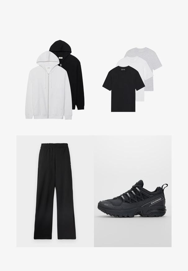 Dva zip-up kapuce v črni in beli barvi, ki imata kapuco z vrvico, kenguru žep, rebrast konice in mehko teksturo blaga.; Komplet treh osnovnih majic v črni, beli in svetlo sivi barvi. Kratki rokavi, okrogla izrezana vrata, narejene iz gladkega bombažnega materiala. Vidna blagovna znamka.; Črne široke hlače z elastičnim pasom, izdelane iz gladkega materiala. Brez žepov ali izrazitih vzorcev.; Črne športne čevlje z mrežasto zgornjšo plastjo, gumijastim podplatom in odbojnimi detajli. Imajo oblazinjen podplat in zasnovo z vezalnim zapiranjem.