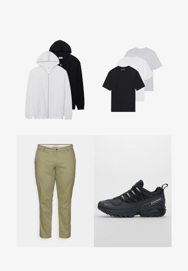 Deux sweat-shirts zippés en noir et blanc, dotés de capuches à cordons de serrage, de poches kangourou, de poignets côtelés et d'une texture de tissu douce.; Ensemble de trois t-shirts basiques en noir, blanc et gris clair. Manches courtes, col rond, fabriqués en coton lisse. Logo de la marque visible.; Chinos beige avec une coupe slim, dotés d'une fermeture à bouton à l'avant, de passants de ceinture et de poches latérales. Tissu en coton lisse avec une texture douce.; Chaussures de sport noires avec une tige en maille, semelle en caoutchouc et accents réfléchissants. Dotées d'une semelle rembourrée et d'un design à lacets.