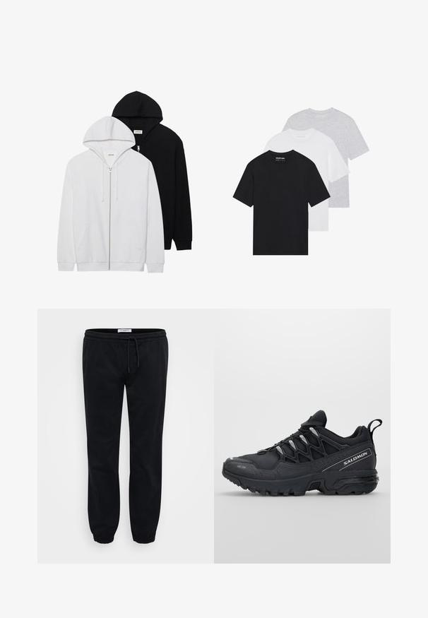 Zwei Reißverschluss-Hoodies in Schwarz und Weiß, mit Kordelzügen in den Kapuzen, Kängurutaschen, gerippten Bündchen und weichem Stoffgefühl.; Set von drei basic T-Shirts in Schwarz, Weiß und Hellgrau. Kurze Ärmel, Rundhalsausschnitt, aus glattem Baumwollstoff. Markenlogo sichtbar.; Schwarze Sweatpants aus weichem Baumwollstoff mit elastischem Bund und Kordelzug. Mit elastischen Bündchen und seitlichen Taschen für zusätzlichen Komfort.; Schwarze Sportschuhe mit einem Obermaterial aus Mesh, Gummisohle und reflektierenden Akzenten. Verfügt über eine gepolsterte Sohle und ein Schnürverschlussdesign.