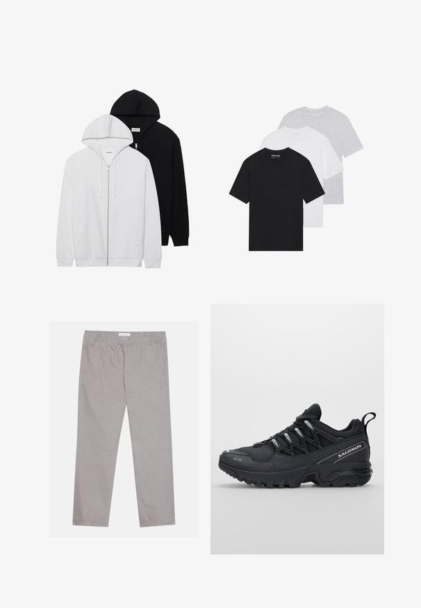 Două hanorace cu fermoar, în negru și alb, având glugi cu șnur, buzunare tip cangur, manșete ribbate și o textură a materialului moale.; Set de trei tricouri basic în negru, alb și gri deschis. Mâneci scurte, guler rotund, fabricate dintr-un material de bumbac neted. Logo-ul brandului este vizibil.; Pantaloni din bumbac gri deschis, cu talie elastică, două buzunare laterale, design cu picioare drepte și o textură netedă. Detalii simple de cusătură.; Pantofi sport negri cu o parte superioară din plasă, talpă din cauciuc și accente reflexive. Prezintă o talpă căptușită și un design cu șireturi.