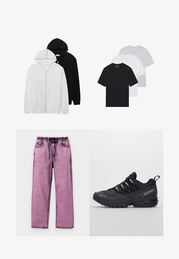To zip-up hettegensere i svart og hvitt, med snorhetter, kenguru-lommer, ribbede mansjetter og myk tekstur.; Sett med tre grunnleggende t-skjorter i svart, hvitt og lys grå. Korte ermer, rund hals, laget av glatt bomullsstoff. Merkevaren synlig.; Rosa denimbukser med elastisk midje og snor, med sidelommer og avslappet passform. Slitt tekstur gjennomgående.; Svarte joggesko med mesh-overdel, gummisåle og reflekterende detaljer. Har en polstret såle og snøring.