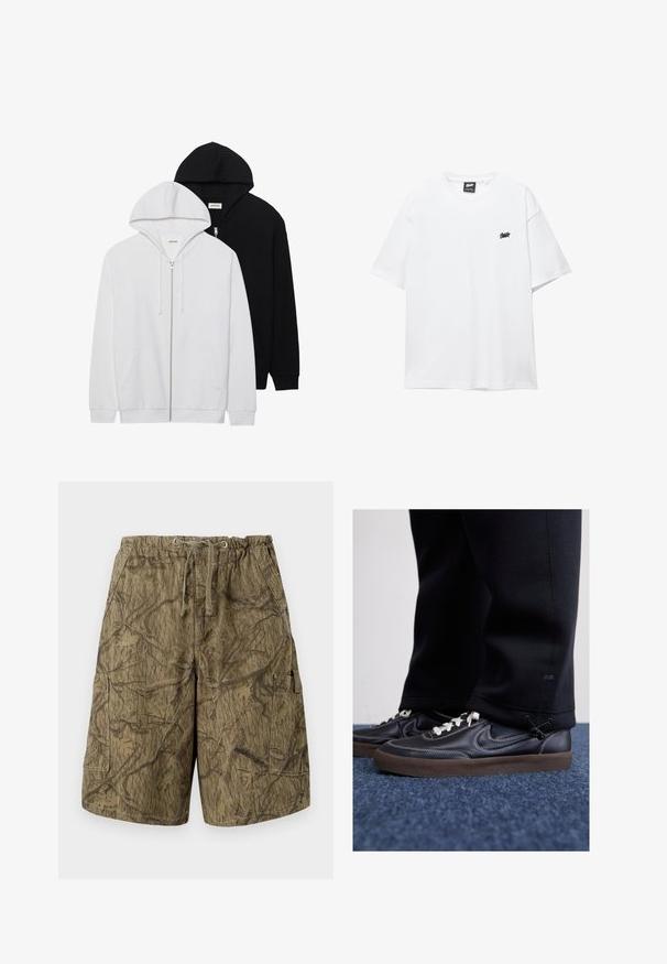 Dvé zipové mikiny v černé a bílé barvě, s kapucí na tkaničku, klokánkovými kapsami, žebrovanými manžetami a měkkou texturou látky.; Bílý bavlněný tričko s krátkým rukávem, kulatým výstřihem a malým černým logem na hrudi. Hladká textura a volný střih.; Maskáčové cargo šortky v jemných zemitých tónech. Vyrobené z odolné tkaniny, s elastickým pasem a bočními cargo kapsami. Texturovaný potisk.; Nike Sportswear KILLSHOT 2 LTR PRM OPP2 - Tenisky - black sail baroque brown mtlc dk grey
