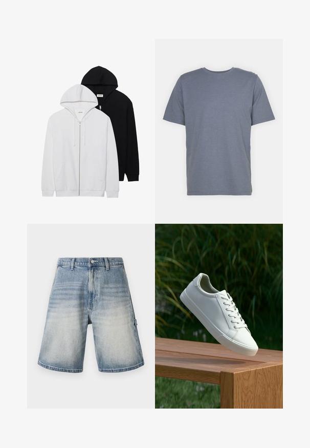 D dvije zip-up dukserice u crnoj i bijeloj boji, s kapuljačama na vezanje, kengurskim džepovima, rebrastim manžetama i mekanim materijalom.; Siva majica s kratkim rukavima u kroju s okruglim izrezom, izrađena od mekane mješavine pamuka. Jednostavan dizajn, bez uzoraka ili naglasaka.; Traper šortsevi u izblijedjeloj plavoj boji, slobodnog kroja i ravnog rezanja. Imaju pet džepova i petlje za remen uz suptilni izlizani uzorak.; Bijele tenisice s vezicama lebde iznad drvenih klupa uz pozadinu zelenog lišća, prikazujući dizajn i teksturu obuće.