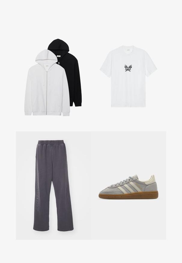 Twee zip-hoodies in zwart en wit, met trekkoorden aan de capuchons, kangoeroe zakken, geribbelde mouwen en een zachte stoftextuur.; Witte katoenen T-shirt met korte mouwen en een ronde hals. Bevat een centrale zwarte vlinderafbeelding met vlampatroon. Smooth textuur.; Grijze katoenen trainingsbroek met een losse fit, elastische tailleband en "STAR WARS" grafiek langs het linkerbeen. Heeft een gladde textuur.; Grijze suède sneakers met lichtgrijze leren strepen en een gomrubberen zool. Kenmerken zijn een vetersluiting en subtiele branding op de tong.
