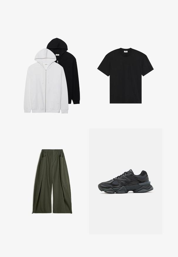 Két cipzáras kapucnis pulóver fekete és fehér színben, húzózsinóros kapucnival, kenguruzsebekkel, bordás mandzsettákkal és puha textúrával.; Fekete, rövid ujjas pamut póló. Klasszikus kerek nyakkivágással és laza fazonnal rendelkezik, látható minták vagy díszítések nélkül.; Olívazöld széles szárú nadrág elasztikus derékkal, két oldalsó zsebbel és textúrált felülettel.; Fekete futócipő, mely háló és szintetikus anyagok keverékéből készült, vastag talppal, ívelt kialakítással és hangsúlyos logóval az oldalon.