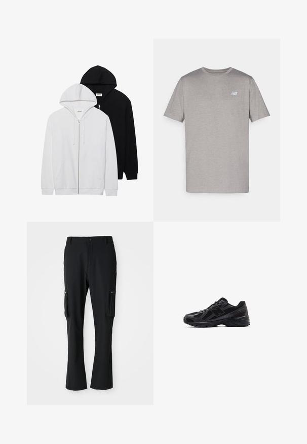 Două hanorace cu fermoar, în negru și alb, având glugi cu șnur, buzunare tip cangur, manșete ribbate și o textură a materialului moale.; Tricou gri cu mânecă scurtă, fabricat dintr-un material moale, având un logo subtil de culoare albastru deschis pe partea stângă a pieptului. Guler rotund, croială regulară.; Pantaloni cargo negri dintr-un material ușor, având două buzunare laterale, închidere cu nasture și un design cu picior drept.; Pantofi sport negri cu un exterior din plasă și supraposerii sintetice, având o talpă texturată și accente reflectorizante pentru vizibilitate.