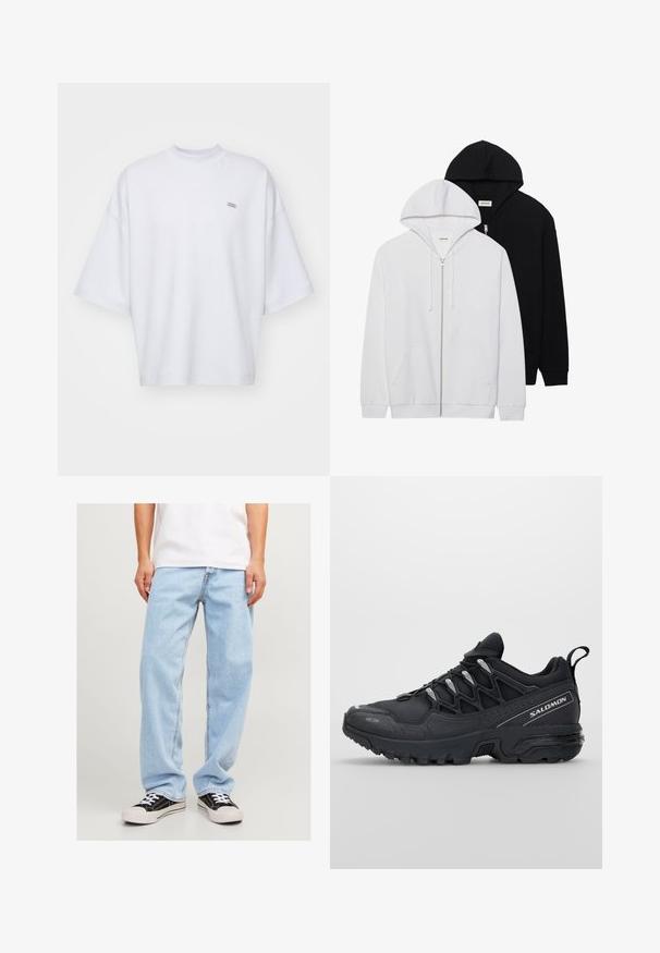 Zwei Reißverschluss-Hoodies in Schwarz und Weiß, mit Kordelzügen in den Kapuzen, Kängurutaschen, gerippten Bündchen und weichem Stoffgefühl.; Weißes Kurzarm-T-Shirt mit hohem Ausschnitt, ausgestattet mit einem gestickten Logo-Tag auf der linken Brust und einer lockeren Passform. Aus weichem Stoff gefertigt.; Hellblaue Jeans aus Denim mit lockerer Passform, gerade Beinform und Standardnähte, kombiniert mit schwarzen Sneakers.; Schwarze Sportschuhe mit einem Obermaterial aus Mesh, Gummisohle und reflektierenden Akzenten. Verfügt über eine gepolsterte Sohle und ein Schnürverschlussdesign.