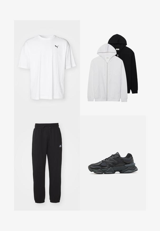 Két cipzáras kapucnis pulóver fekete és fehér színben, húzózsinóros kapucnival, kenguruzsebekkel, bordás mandzsettákkal és puha textúrával.; Fehér pamut póló kerek nyakkal és rövid ujjakkal. A bal melle részén egy apró fekete Puma logó található. Puha tapintás.; Fekete melegítőnadrág puha anyagból, elasztikus derékrésszel, húzózsinórral, szűkített bokákkal és egy kis logóval a comb felső részén.; Fekete futócipő, mely háló és szintetikus anyagok keverékéből készült, vastag talppal, ívelt kialakítással és hangsúlyos logóval az oldalon.