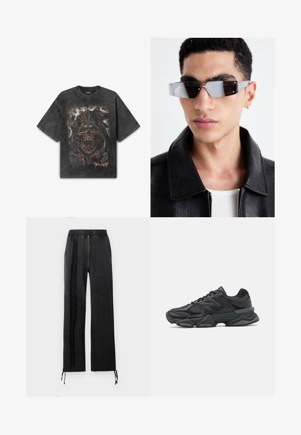 Dva zip-up kapuce v črni in beli barvi, ki imata kapuco z vrvico, kenguru žep, rebrast konice in mehko teksturo blaga.; Črna oversize bombažna majica z obsežno grafiko lobanje z ognjenimi očmi, obdana z temnimi figurami in motivi pajkov.; Črne hlače iz mehkega blaga, s previdnim zapiranjem na zadrgo, elastičnim pasom in stranskimi detajli z raztrganim robom. Vključujejo tudi nastavljive naramnice na zapestjih.; Črne tekaške superge, ki združujejo mrežaste in sintetične materiale, imajo debel podplat, ukrivljen oblikovni slog ter izrazito blagovno znamko na strani.; Angularne sončne očala s sivim tonom in srebrnim okovjem, postavljena na svetli podlagi. Leče imajo edinstveno geometrijsko obliko.