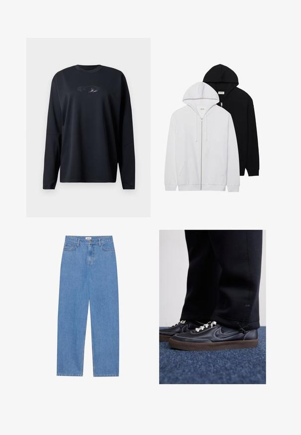 Két cipzáras kapucnis pulóver fekete és fehér színben, húzózsinóros kapucnival, kenguruzsebekkel, bordás mandzsettákkal és puha textúrával.; Hosszú ujjú fekete sportpóló, texturált anyagból készült, elöl fényvisszaverő logóval és kerek nyakkivágással.; Világoskék farmernadrág egyenes szabással, öt zsebbel, egy gombos záródással és finom varrási részletekkel az oldalvarrásokon.; Nike Sportswear KILLSHOT 2 LTR PRM OPP2 - Sportcipő - black sail baroque brown mtlc dk grey