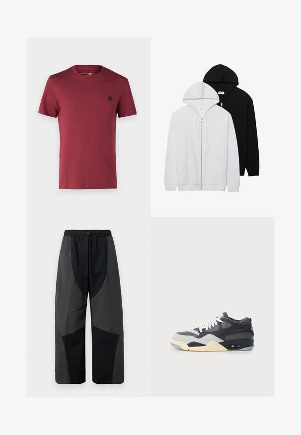 Două hanorace cu fermoar, în negru și alb, având glugi cu șnur, buzunare tip cangur, manșete ribbate și o textură a materialului moale.; Tricou burgundy cu mânecă scurtă și guler rotund, cu un mic logo negru în formă de copac pe pieptul stâng, prezentat pe un fundal alb simplu.; Pantaloni negri cu accente de fleece, cu o croială lejeră, având panouri din țesătură gri închis contrastantă și un brâu cu șnur ajustabil.; Tenisi cu un exterior din materiale mixte în gri și bleumarin, talpă cu amortizare, șireturi albe și un logo albastru pe călcâi.