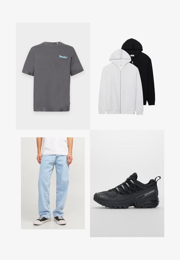 Deux sweat-shirts zippés en noir et blanc, dotés de capuches à cordons de serrage, de poches kangourou, de poignets côtelés et d'une texture de tissu douce.; T-shirt gris à manches courtes en coton. Présente un logo "Paradise" bleu clair imprimé sur la poitrine gauche. Encolure classique.; Jean en denim bleu clair avec une coupe décontractée, affichant un design à jambe droite et des coutures standard, associé à des baskets noires.; Chaussures de sport noires avec une tige en maille, semelle en caoutchouc et accents réfléchissants. Dotées d'une semelle rembourrée et d'un design à lacets.