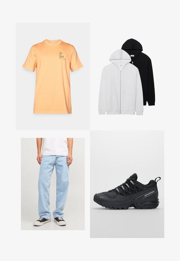 Twee zip-hoodies in zwart en wit, met trekkoorden aan de capuchons, kangoeroe zakken, geribbelde mouwen en een zachte stoftextuur.; Oranje katoenen T-shirt met korte mouwen, ronde hals en een tekstontwerp op de voorkant: "IEDERE DAG DROOM IK VAN S." Glad textuur, casual pasvorm.; Lichtblauwe denim jeans met een relaxed fit, met een rechte pijp en standaard stiksels, gecombineerd met zwarte sneakers.; Zwarte sportieve schoenen met een bovenwerk van mesh, rubberen buitenzool en reflecterende accenten. Voorzien van een gevoerde zool en een vetersluiting.