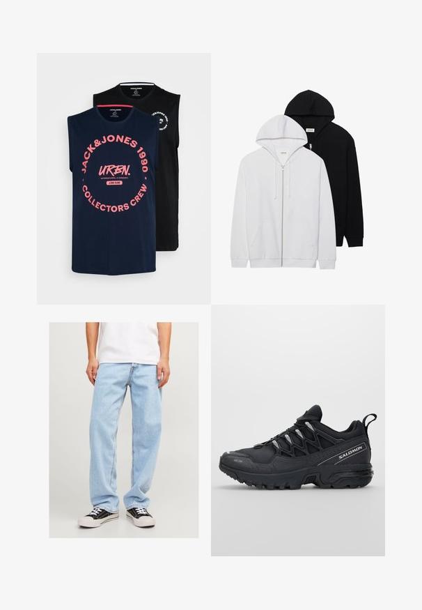 Kaksi vetoketjullista hupparia mustana ja valkoisena, joissa on nyörivetoketjulliset huput, kengurul pockets, ribbatut hihansuut ja pehmeä kankaan rakenne.; Kaksi hihattomaa t-paitaa, laivastonsininen ja musta. Laivastonsinisessä on vaaleanpunainen pyöreä graafinen kuvio, jossa lukee "JACK&JONES 1990". Mustassa paidassa on valkoinen logo rintamuksessa.; Vaaleansiniset farkut rentoa istuvuutta, suorat lahkeet ja tavallinen ommel, yhdistettynä mustiin lenkkareihin.; Mustat urheilukengät, joissa on verkkomateriaali päällinen, kumipohja ja heijastavat yksityiskohdat. Varustettu pehmustetulla pohjalla ja nauhakiinnityksellä.