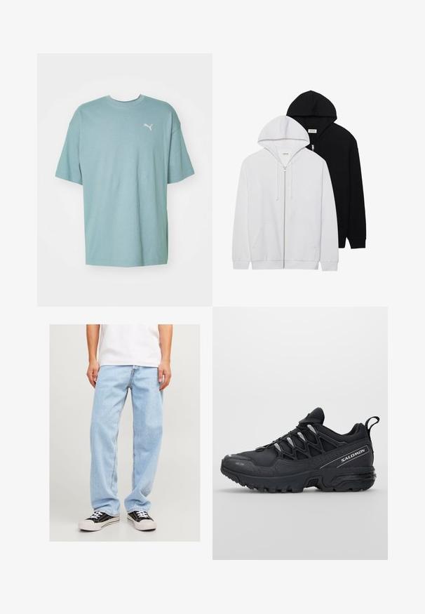 Dois sweatshirts com fecho éclair, em preto e branco, com capuzes ajustáveis, bolsos tipo canguru, punhos canelados e textura de tecido suave.; T-shirt oversized azul claro feito de algodão. Apresenta um decote redondo e mangas curtas. Inclui um pequeno logótipo branco da Puma no peito.; Calças de ganga de tom azul claro com um ajuste descontraído, apresentando um design de perna reta e costuras padrão, combinadas com ténis pretos.; Sapatos atléticos pretos com parte superior em malha, sola em borracha e detalhes refletivos. Apresentam uma sola acolchoada e design de fecho com atacadores.