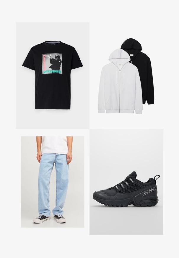 To zip-up hettegensere i svart og hvitt, med snorhetter, kenguru-lommer, ribbede mansjetter og myk tekstur.; Svart bomull t-skjorte med grafisk trykk med teksten "WEEKEND OFFENDER" og "London Calling," fremhevet i turkis og rosa.; Lyseblå denimjeans med en avslappet passform, med rett ben-design og standard søm, sammen med svarte joggesko.; Svarte joggesko med mesh-overdel, gummisåle og reflekterende detaljer. Har en polstret såle og snøring.